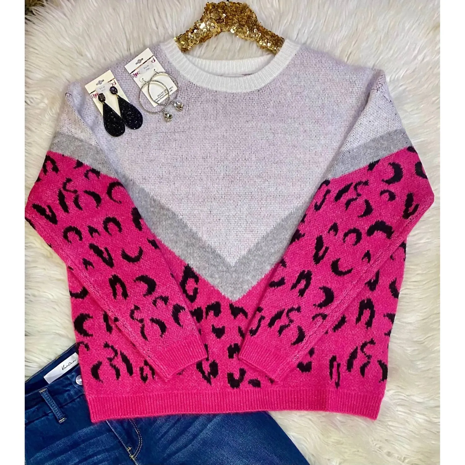 Adora - Bold And Cozy Color Block Leopard Sweater