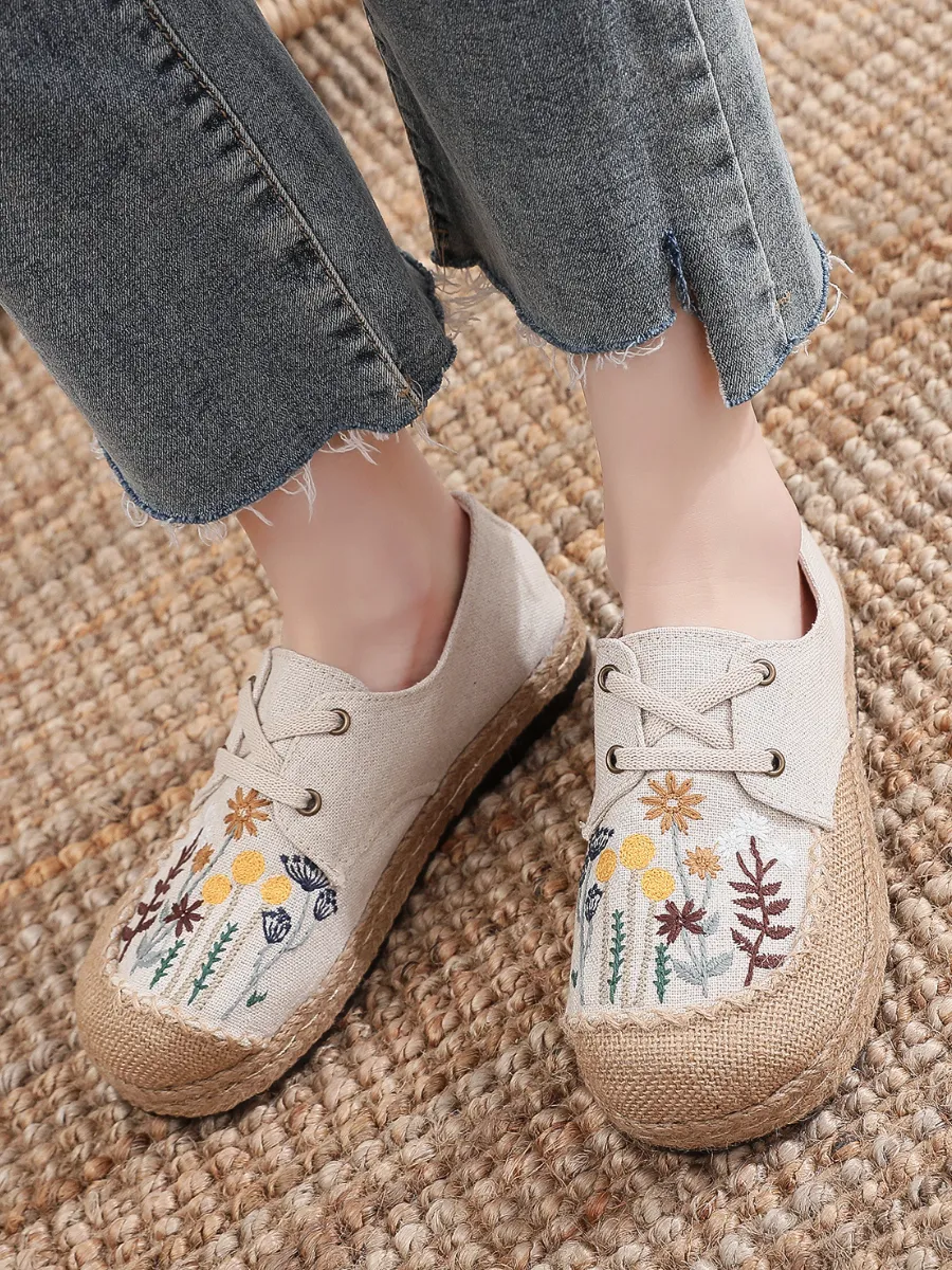 Cactus Rose | Garden Embroidered Linen Boat Shoes Espadrilles - Beige