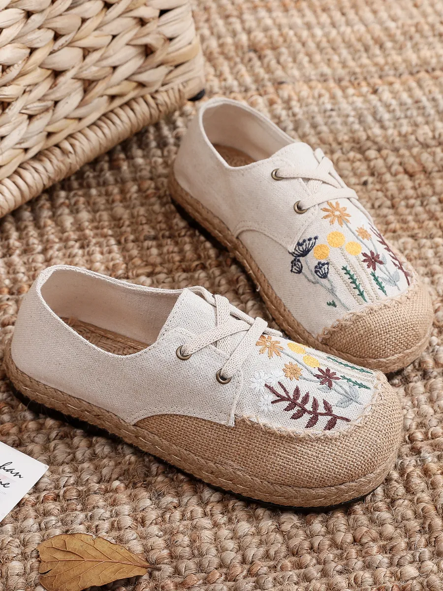 Cactus Rose | Garden Embroidered Linen Boat Shoes Espadrilles - Beige