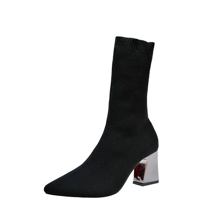 Fleece Breathable Ankle Boots Women Pointed Chunky Heel Knitted Stretch Boots