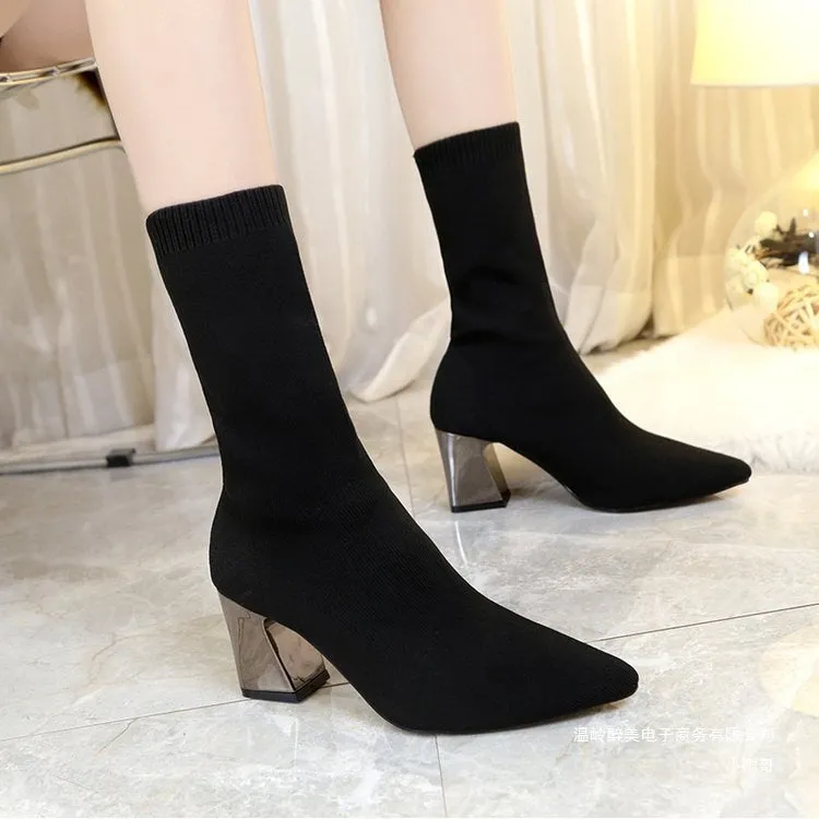 Fleece Breathable Ankle Boots Women Pointed Chunky Heel Knitted Stretch Boots