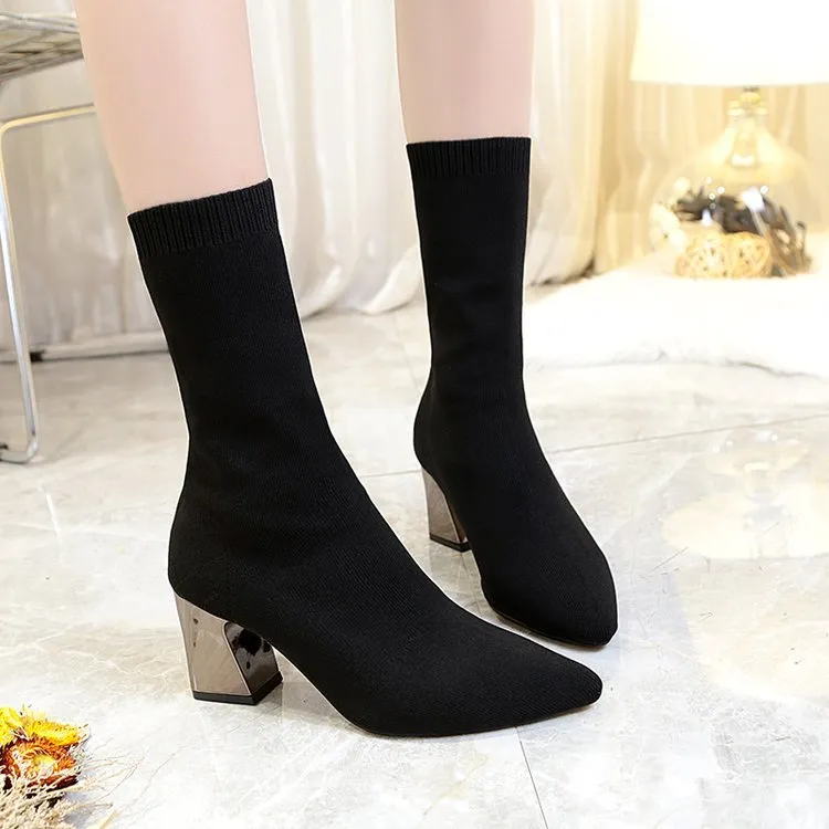 Fleece Breathable Ankle Boots Women Pointed Chunky Heel Knitted Stretch Boots