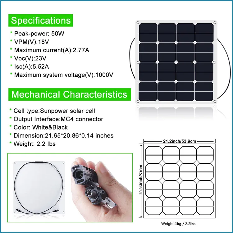 Moolsun Flexible Solar Panel 50 Watt 16 Volt Semi-Flexible Mono Off-Grid Charger for Marine RV