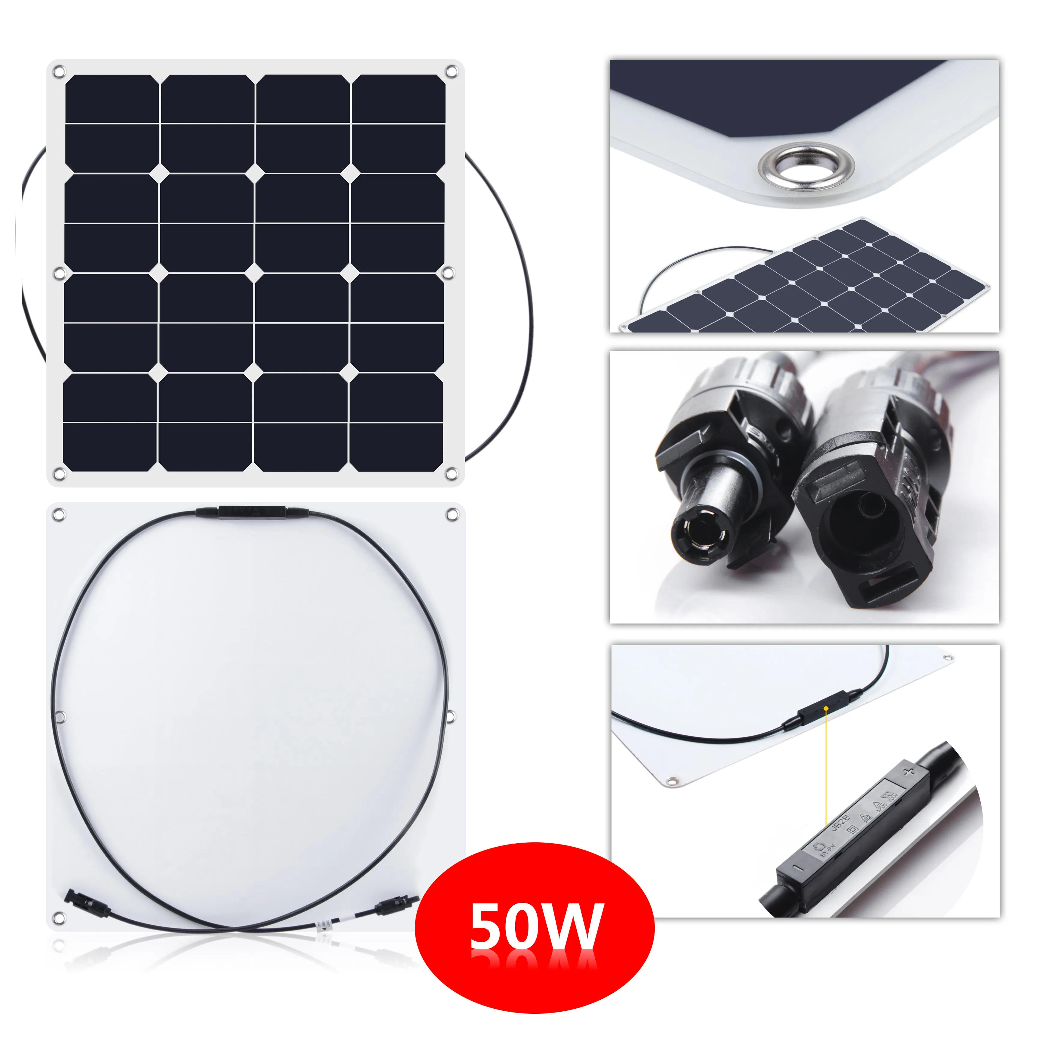 Moolsun Flexible Solar Panel 50 Watt 16 Volt Semi-Flexible Mono Off-Grid Charger for Marine RV