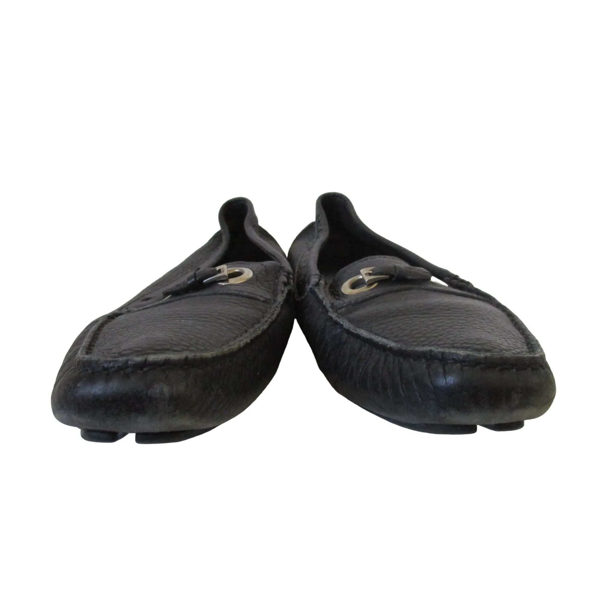Prada black leather size 37 car shoe style loafers with chrome hardware