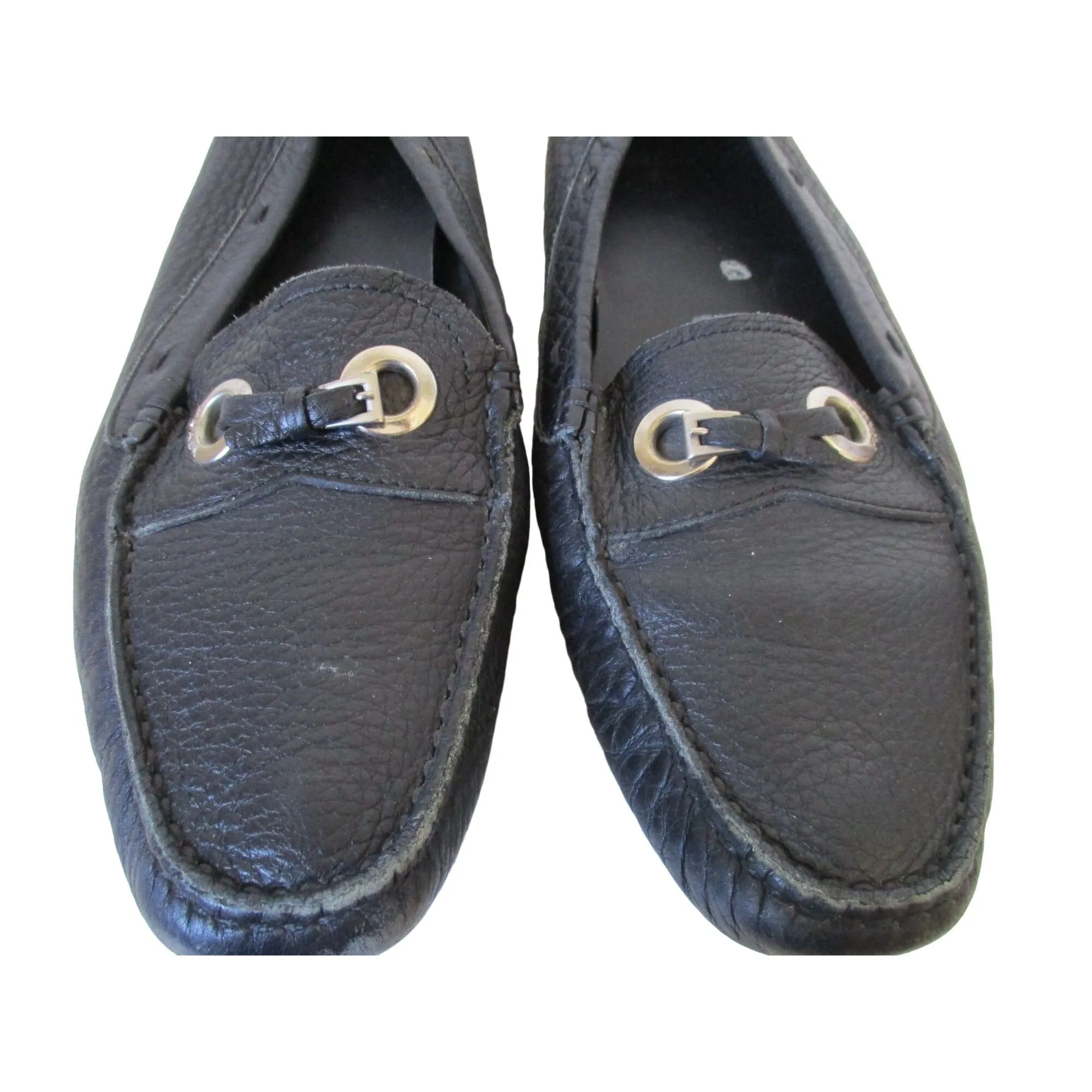 Prada black leather size 37 car shoe style loafers with chrome hardware