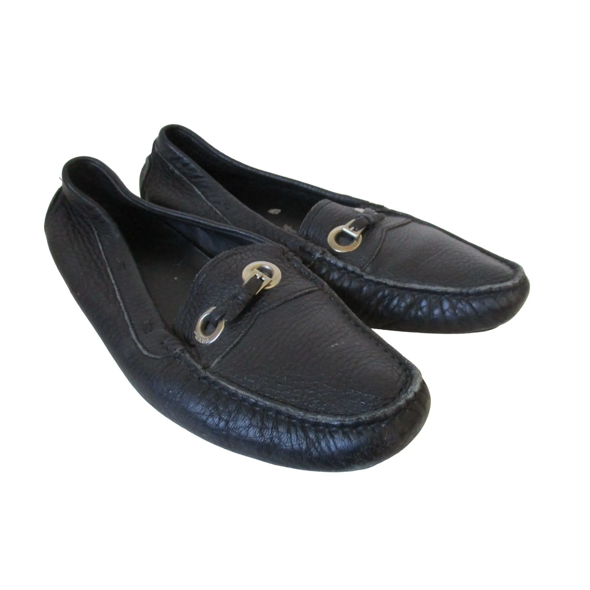 Prada black leather size 37 car shoe style loafers with chrome hardware
