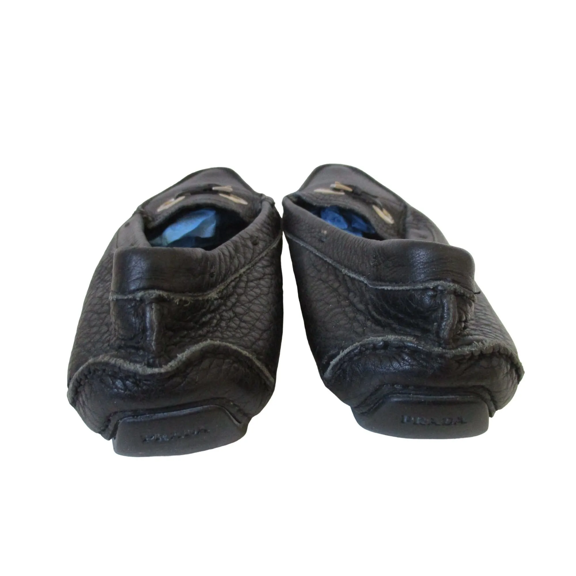 Prada black leather size 37 car shoe style loafers with chrome hardware